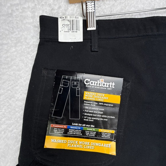 Carhartt B111 BLK Washed Duck Work Dungaree Flannel Lined Pants Black 40x30 NWT - Picture 5 of 11